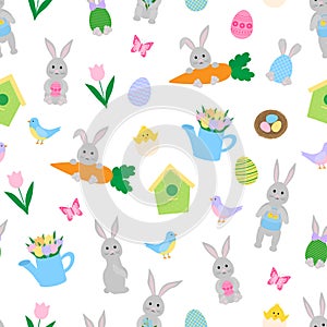 Seamless pattern Easter Bunny Chicks eggs vector illustration